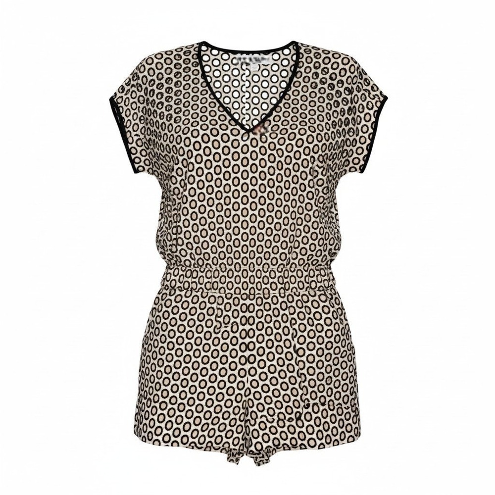J.Crew Romper Women Black Tan Geometric Eyelet V-Neck Cap Sleeve B9447 Size 6 - Picture 2 of 8